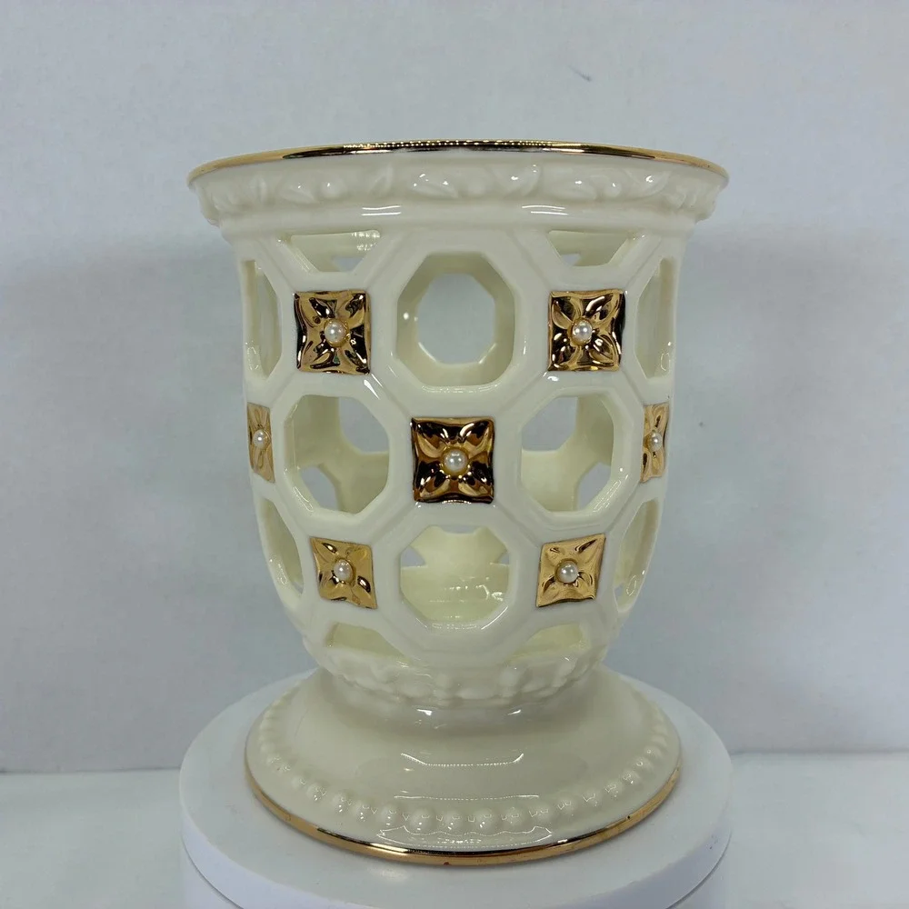 Lenox Illuminations Florentine & Pearl Votive Candle Holder Ivory Gold 5in